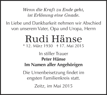 Traueranzeige von Rudi Hänse von Super Sonntag Zeitz