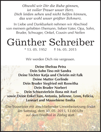Traueranzeige von Günther Schreiber von Mitteldeutsche Zeitung Bitterfeld