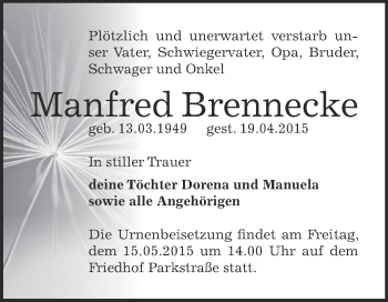 Traueranzeige von Manfred Brennecke von Super Sonntag Bernburg