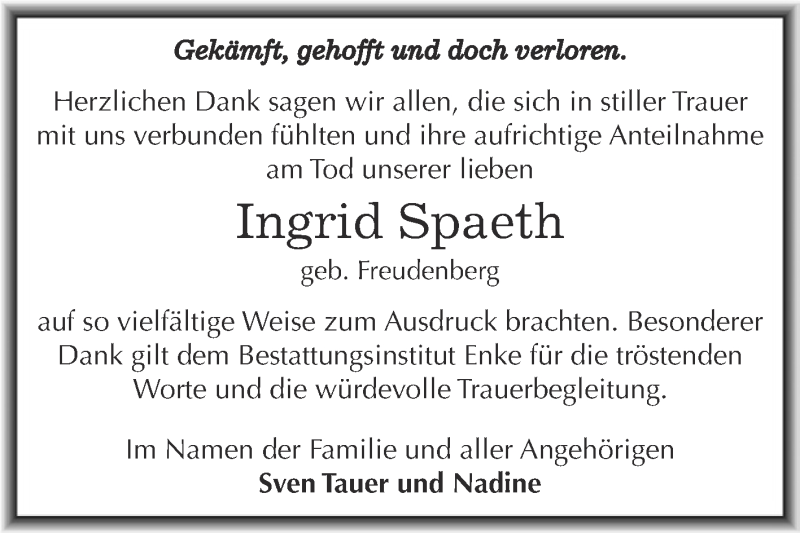  Traueranzeige für Ingrid Späth vom 31.05.2015 aus WVG - Wochenspiegel Dessau / Köthen