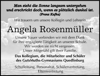 Traueranzeige von Angela Rosenmüller von Mitteldeutsche Zeitung Quedlinburg