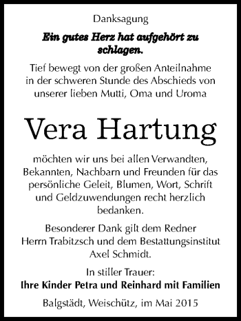 Traueranzeige von Vera Hartung von Mitteldeutsche Zeitung Naumburg/Nebra