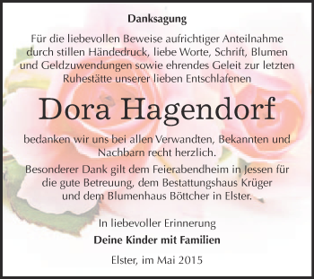 Traueranzeige von Dora Hagendorf von WVG - Wochenspiegel Wittenberg