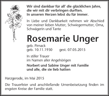 Traueranzeige von Rosemarie Unger von Super Sonntag Quedlinburg