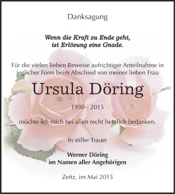 Traueranzeige von Ursula Döring von Super Sonntag Zeitz