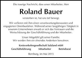 Traueranzeige von Roland Bauer von Mitteldeutsche Zeitung Mansfelder Land