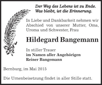 Traueranzeige von Hildegard Bangemann von Super Sonntag Bernburg