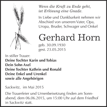 Traueranzeige von Gerhard Horn von WVG - Wochenspiegel Wittenberg