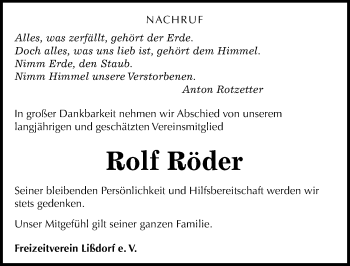 Traueranzeige von Rolf Röder von Mitteldeutsche Zeitung Naumburg/Nebra
