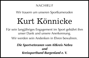Traueranzeige von Kurt Könnicke von Mitteldeutsche Zeitung Naumburg/Nebra