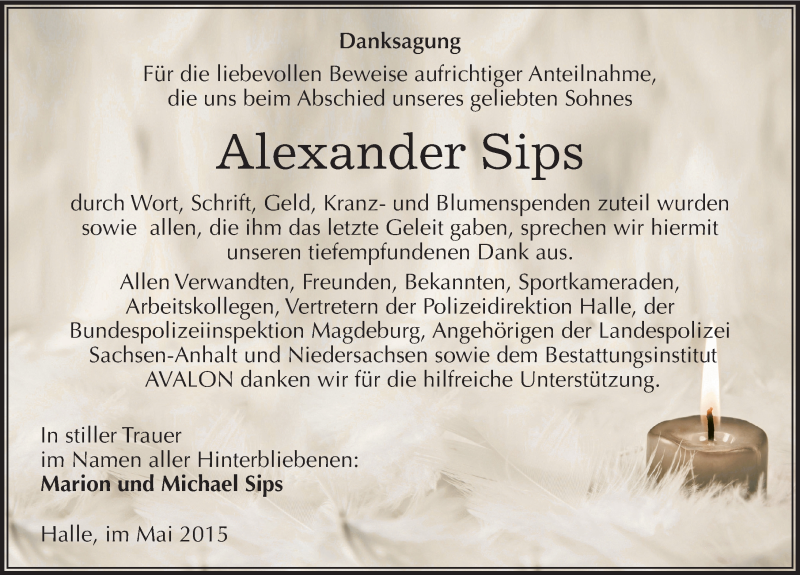  Traueranzeige für Alexander Sips vom 23.05.2015 aus Mitteldeutsche Zeitung Halle/Saalkreis