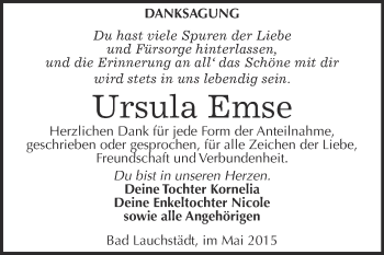 Traueranzeige von Ursula Emse von WVG - Wochenspiegel Merseburg