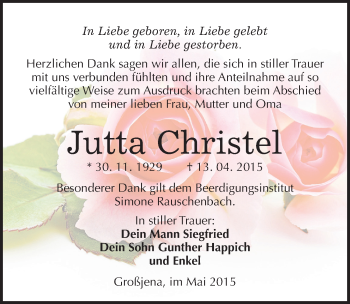 Traueranzeige von Jutta Christel von Mitteldeutsche Zeitung Naumburg/Nebra