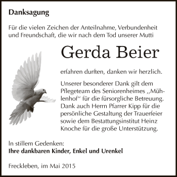 Traueranzeige von Gerda Beier von Super Sonntag Aschersleben