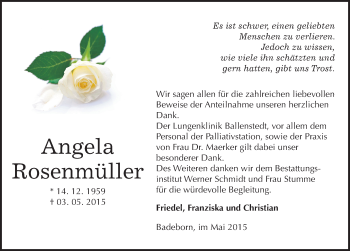 Traueranzeige von Angela Rosenmüller von Mitteldeutsche Zeitung Quedlinburg