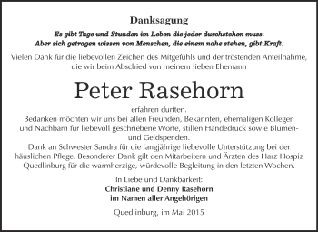 Traueranzeige von Peter Rasehorn von WVG - Wochenspiegel Quedlinburg