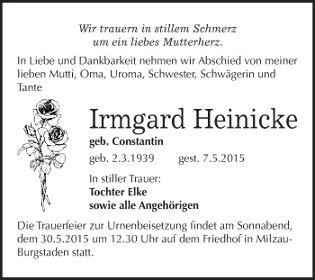 Traueranzeige von Irmgard Heinicke von WVG - Wochenspiegel Merseburg