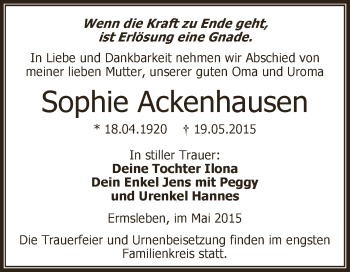 Traueranzeige von Sophie Ackenhausen von Super Sonntag Aschersleben