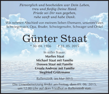 Traueranzeige von Günter Staat von Mitteldeutsche Zeitung Quedlinburg