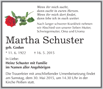 Traueranzeige von Martha Schuster von Mitteldeutsche Zeitung Halle/Saalkreis