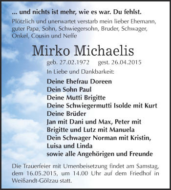 Traueranzeige von Mirko Michaelis von WVG - Wochenspiegel Dessau / Köthen