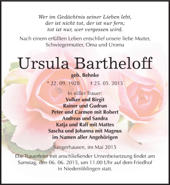 Traueranzeige von Ursula Bartheloff von Mitteldeutsche Zeitung Sangerhausen