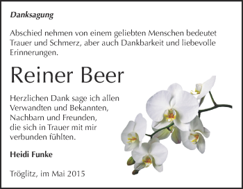Traueranzeige von Reiner Beer von Super Sonntag Zeitz