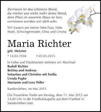 Traueranzeige von Maria Richter von Super Sonntag SGH Mansf. Land