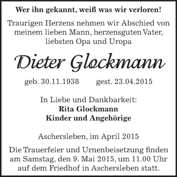 Traueranzeige von Dieter Glockmann von Super Sonntag Aschersleben