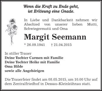 Traueranzeige von Margit Seemann von WVG - Wochenspiegel Dessau / Köthen