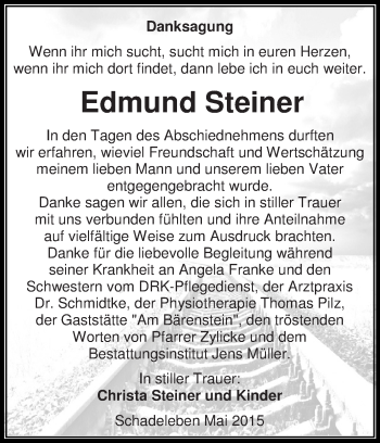 Traueranzeige von Edmund Steiner von Super Sonntag Aschersleben