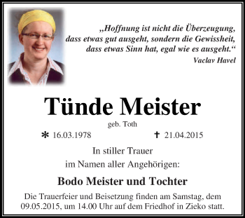 Traueranzeige von Tünde Meister von WVG - Wochenspiegel Dessau / Köthen