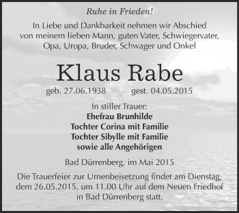 Traueranzeige von Klaus Rabe von Super Sonntag Merseburg
