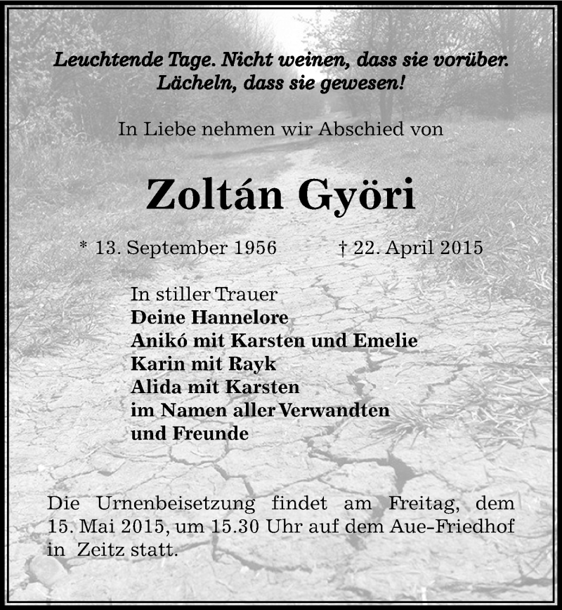  Traueranzeige für Zoltán Györi vom 05.05.2015 aus Mitteldeutsche Zeitung Zeitz