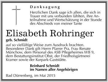 Traueranzeige von Elisabeth Rohringer von Mitteldeutsche Zeitung Merseburg/Querfurt