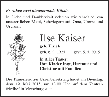 Traueranzeige von Ilse Kaiser von Super Sonntag Merseburg