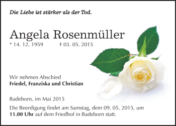 Traueranzeige von Angela Rosenmüller von Mitteldeutsche Zeitung Quedlinburg