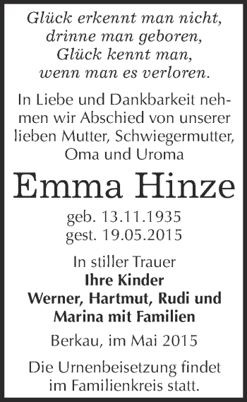Traueranzeige von Emma Hinze von WVG - Wochenspiegel Wittenberg