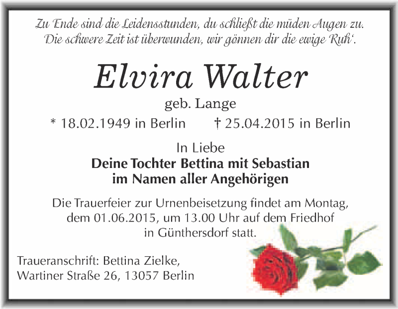  Traueranzeige für Elvira Walter vom 24.05.2015 aus Super Sonntag Merseburg