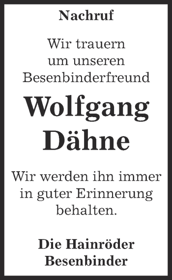 Traueranzeige von Wolfgang Dähne von Super Sonntag SGH Mansf. Land