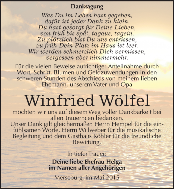 Traueranzeige von Winfried Wölfel von Mitteldeutsche Zeitung Merseburg/Querfurt