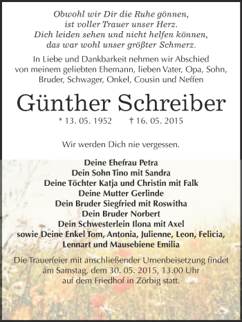Traueranzeige von Günther Schreiber von WVG - Wochenspiegel Bitterfeld