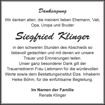 Traueranzeige von Siegfried Klinger von WVG - Wochenspiegel Dessau / Köthen