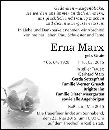 Traueranzeige von Erna Marx von Mitteldeutsche Zeitung Sangerhausen