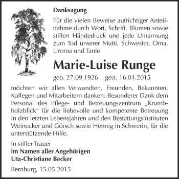 Traueranzeige von Marie-Luise Runge von Super Sonntag Bernburg