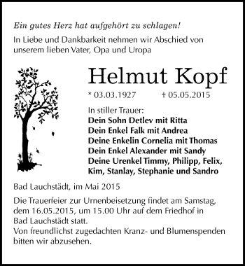 Traueranzeige von Helmut Kopf von Mitteldeutsche Zeitung Merseburg/Querfurt