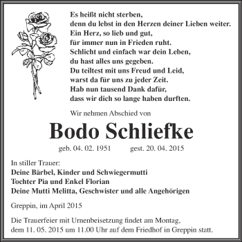Traueranzeige von Bodo Schliefke von Super Sonntag Wittenberg