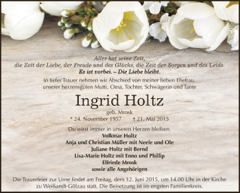 Traueranzeige von Ingrid Holtz von WVG - Wochenspiegel Dessau / Köthen