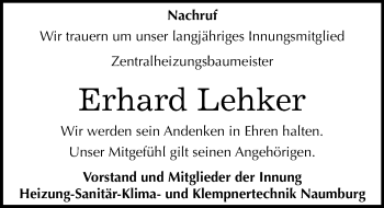 Traueranzeige von Erhard Lehker von Mitteldeutsche Zeitung Naumburg/Nebra