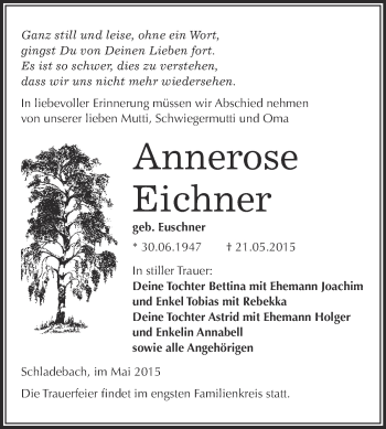 Traueranzeige von Annerose Eichner von Super Sonntag Merseburg